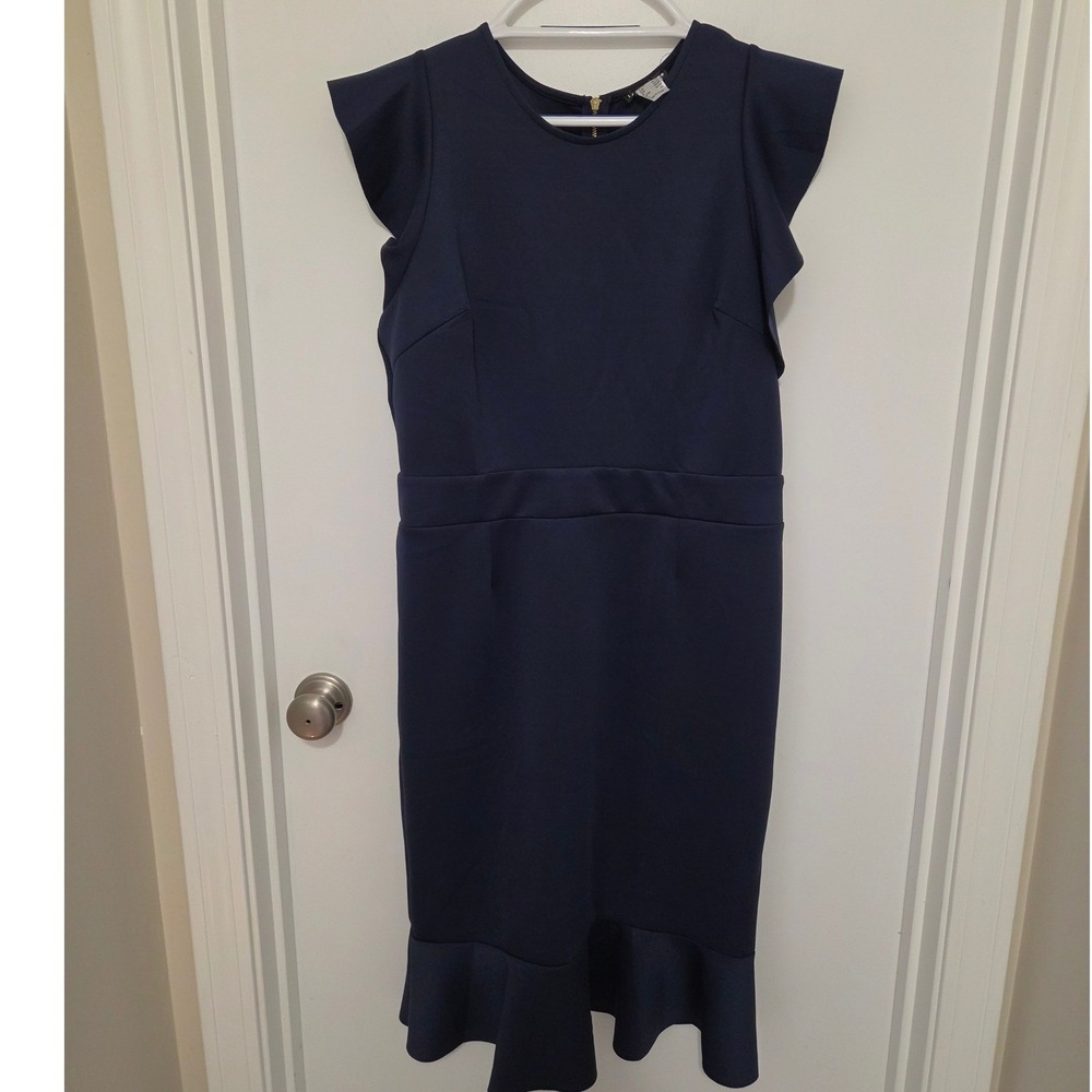 Venus Navy Blue Flutter Sleeve Ruffle Hem Sheath Dress XL Gold Zipper 640031